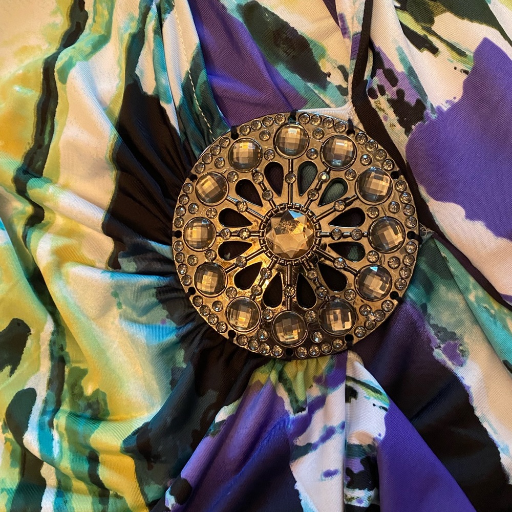 Sioni Abstract Faux Wrap Top Large Purple Blue Green Brooch Flutter Sleeve - Picture 3 of 6